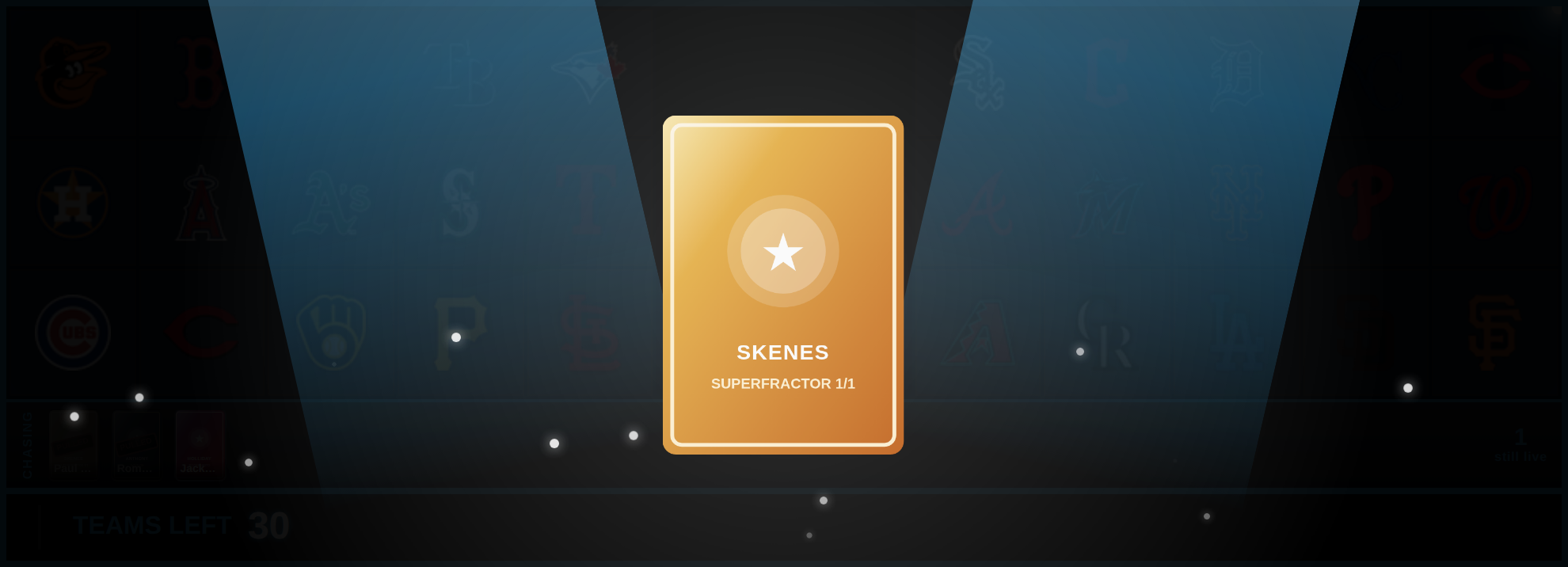 The moment it goes — the card's art takes the screen while the board holds its breath