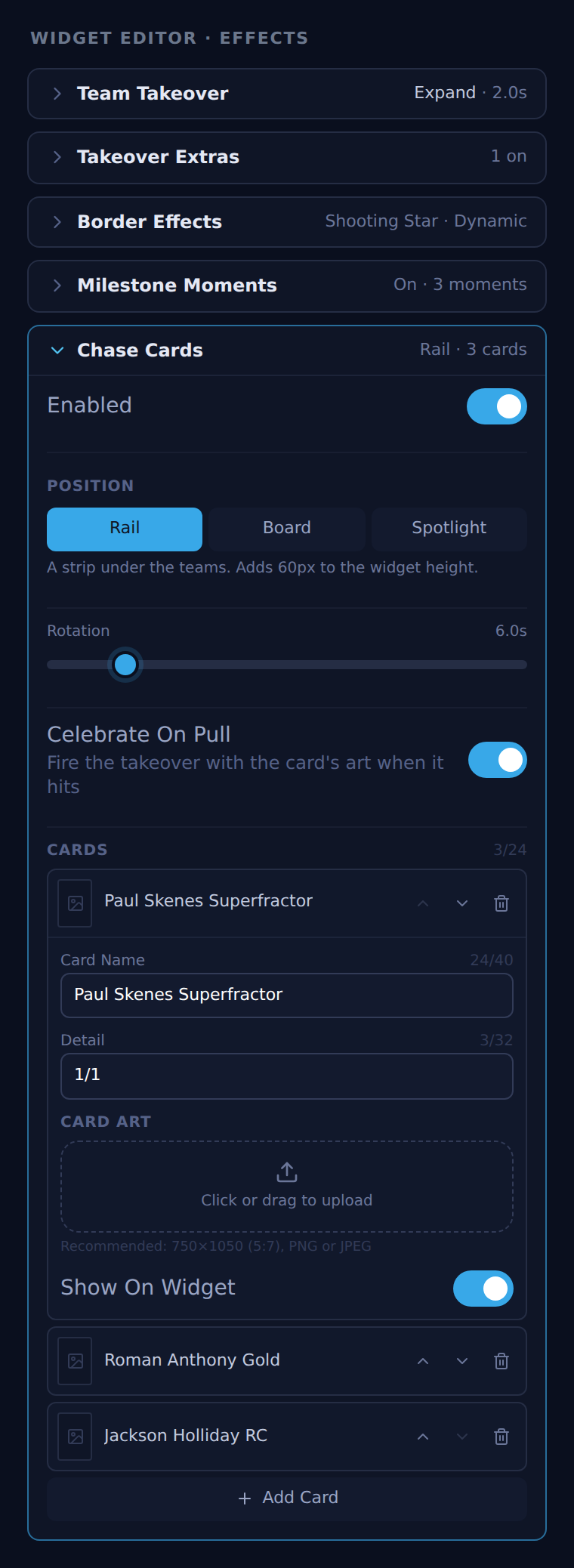 The Chase Cards section in the widget editor