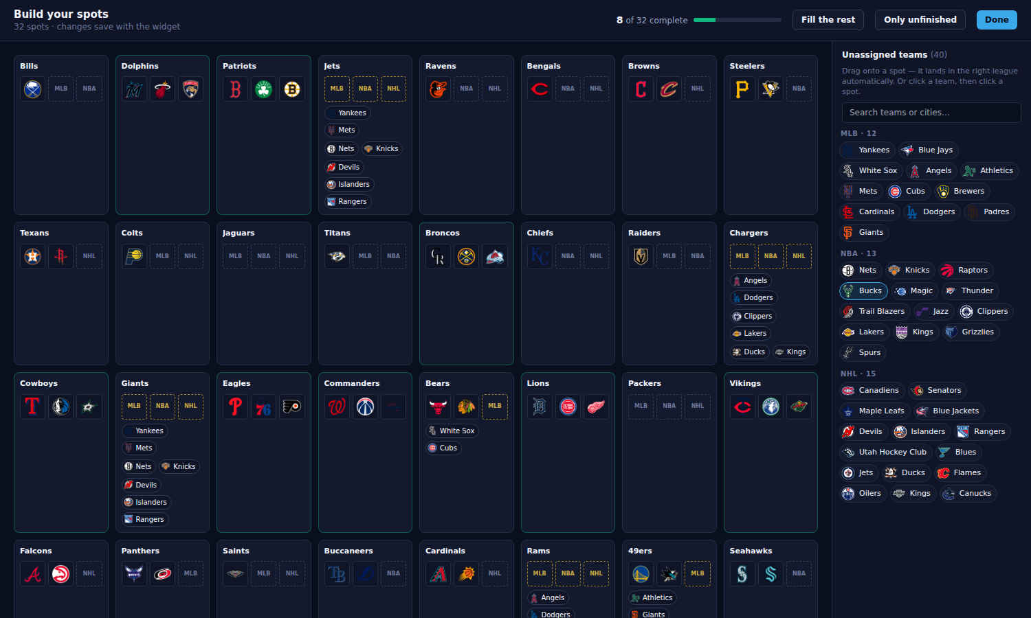Breaker Labs Multi-Sport spot builder with same-city suggestions and unassigned teams