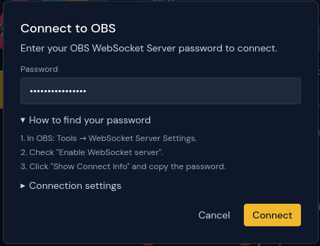 OBS Direct Sync modal Step 1: password input