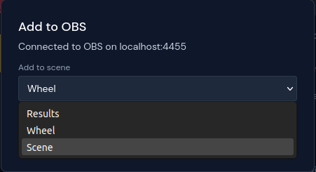 OBS Direct Sync modal Step 2: scene picker with current scene pre-selected