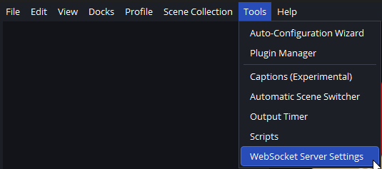 OBS Tools menu showing WebSocket Server Settings