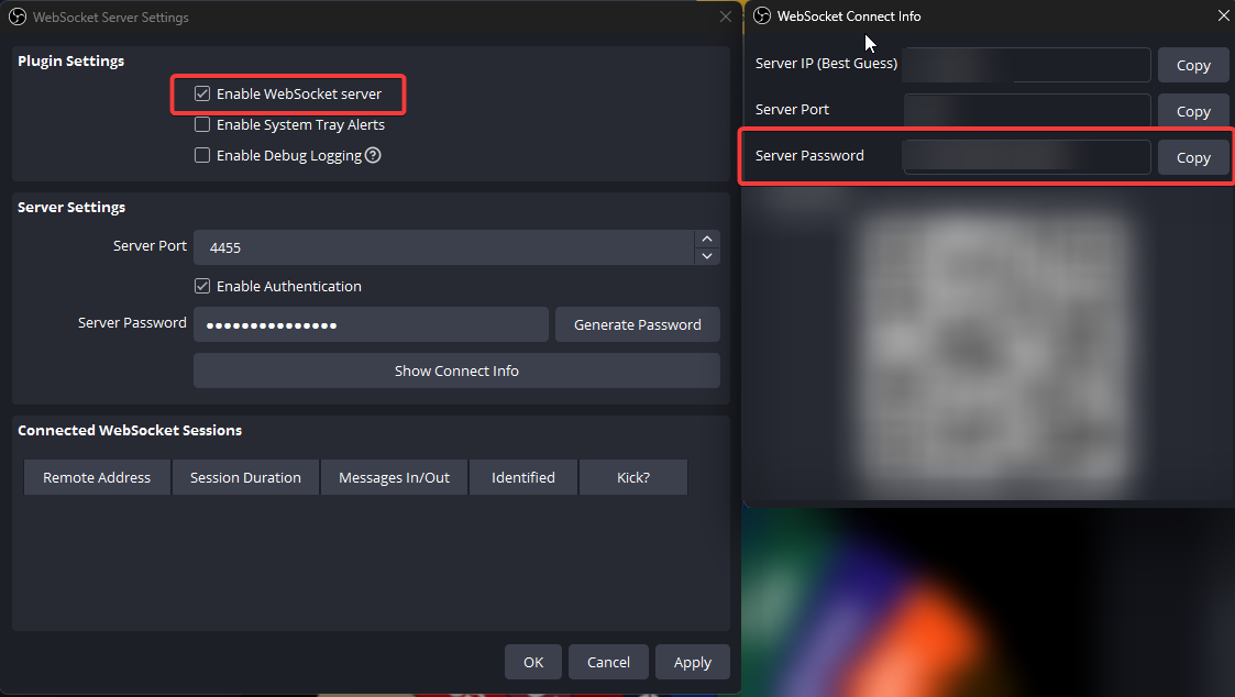 OBS WebSocket Server Settings with Enable WebSocket server highlighted, and the Show Connect Info popup with Server Password highlighted